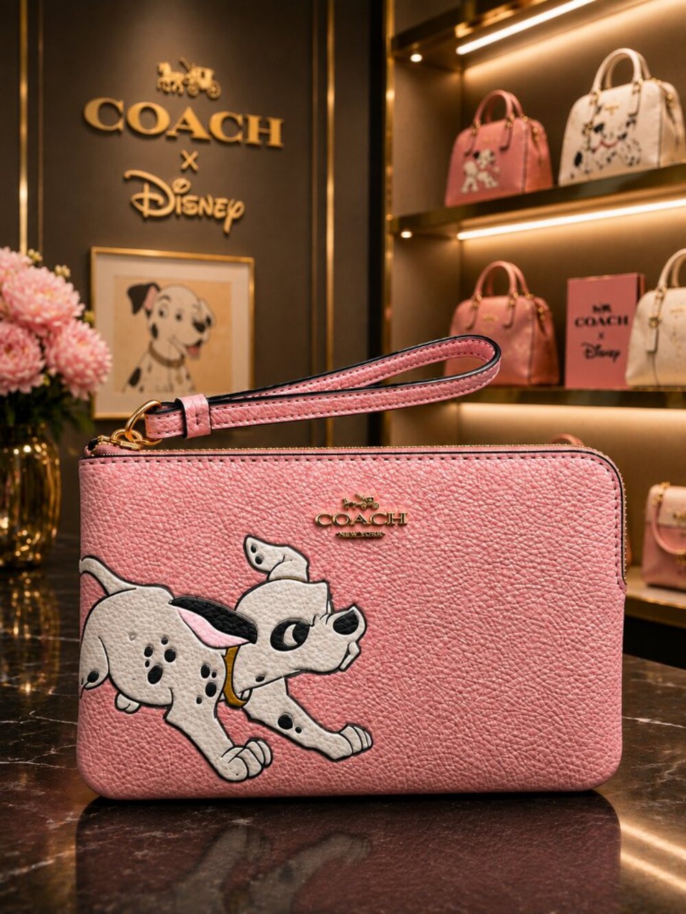 DISNEY x COACH 101 Dalmatians Corner Zip Wristlet Pink Blossom
